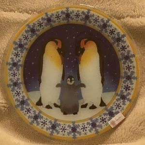 Vintage RARE SIGNED Peggy Karr Glass Penguin Plate 11”Round